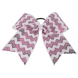 white chevron cheer bow with hot pink sequins