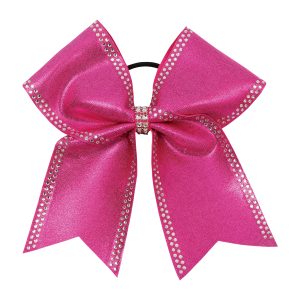 bright pink metallic cheer bow with mini metallic silver nailheads and double row rhinestones in the center