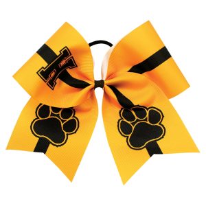yellow and black Large Initial with Two Large Paw Prints Cheerleading Bow