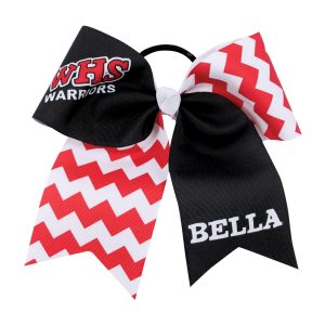 Red, black, and white School & Mascot, Individual Name Chevron Cheerleading Bow