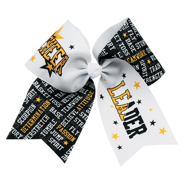 Black, White, and gold Large Leader with Prints + Stars Cheerleading Bow