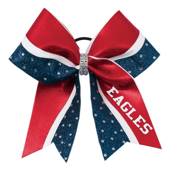 3 color laser cheer bow with custom text in red, white, and navy