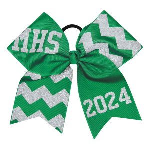 kelly green cheer bow with silver glitter chevrons, MHS, and year