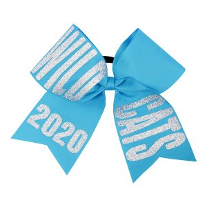 aqua custom cheer bow with mascot name and year in silver glitter