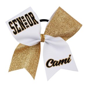 white, gold glitter, and black two tone senior cheer bow with name