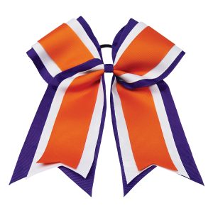 Large Three-Layer cheer bow with Tails in purple, white, and orange