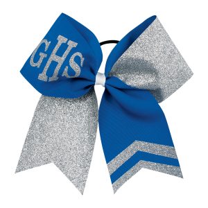 glitter monogram cheer bow in blue and silver with initials GHS