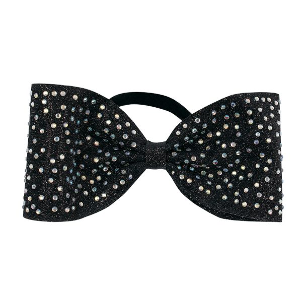 glitter cheer bow with rhinestones in black with silver mini rhinestones