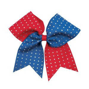 One-Layer Two-Tone cheer bow with Rhinestones in red and blue with silver mini rhinestones