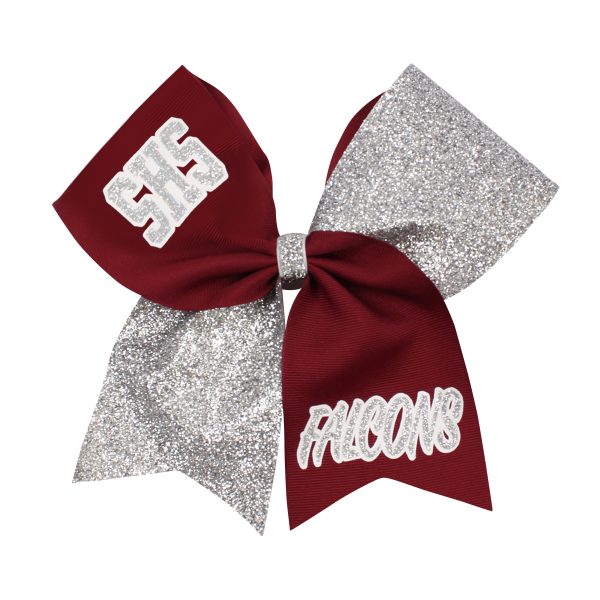 two tone cheer bow with custom text in maroon ribbon and silver glitter
