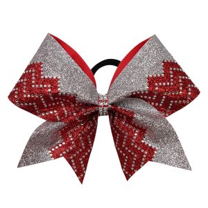 zig-zag cheer bow in silver and red with silver mini rhinestones