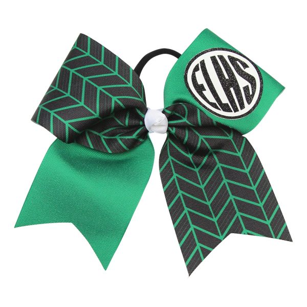 Black, White, and green Monogram & Herringbone with Glitter cheerleading Bow