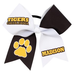 Black, White, and gold Large TEAM Cheerleader with Paw Print and Name cheerleading bow