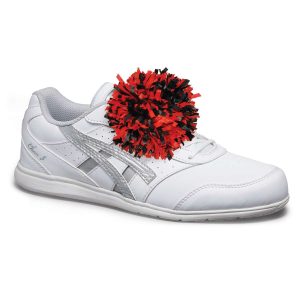 black/red Two Color Plastic Shoe Pom on a cheerleading shoe