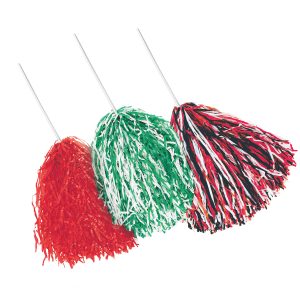 3 plastic rooter poms in red, kelly and white, and red, white, and black