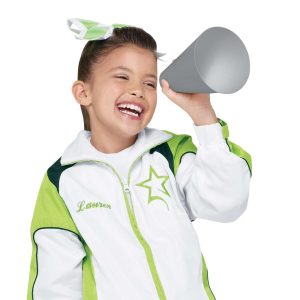 cheerleading smiling and holding a metallic silver 7 inch Mini Megaphone