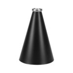 Black 15 inch riveted cheerleading megaphone with silver mouth piece, front view