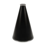 Black 15 inch riveted cheerleading megaphone with silver mouth piece and bottom rim, front view