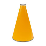 Bright gold 15 inch riveted cheerleading megaphone with silver mouth piece and bottom rim, front view