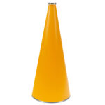 Bright gold 30 inch riveted cheerleading megaphone with silver mouth piece and bottom rim, front view