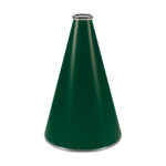 Dark Green 15 inch riveted cheerleading megaphone with silver mouth piece and bottom rim, front view