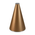 Metallic gold 15 inch riveted cheerleading megaphone with silver mouth piece and bottom rim, front view