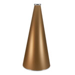 Metallic Gold 22 inch riveted cheerleading megaphone with silver mouth piece and bottom rim, front view