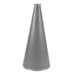 metallic silver 22 inch riveted cheerleading megaphone with silver mouth piece and bottom rim, front view