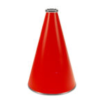 Orange 15 inch riveted cheerleading megaphone with silver mouth piece and bottom rim, front view