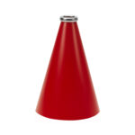 Red 12 inch riveted cheerleading megaphone with silver mouth piece front view