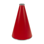 Red 15 inch riveted cheerleading megaphone with silver mouth piece and bottom rim, front view