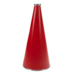 red 22 inch riveted cheerleading megaphone with silver mouth piece and bottom rim, front view
