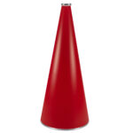 Red 30 inch riveted cheerleading megaphone with silver mouth piece and bottom rim, front view