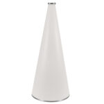 white 30 inch riveted cheerleading megaphone with silver mouth piece and bottom rim, front view