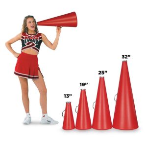 model shouting into a red Molded Cheerleading Megaphone standing next to a selection of sizes