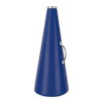 navy molded cheerleading megaphone with silver mouth piece and handle