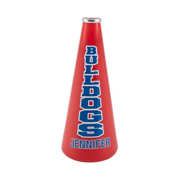 red molded megaphone showing custom decals