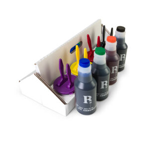 Chromark 4 color kit with 1" and 2" markers in a cardboard eco caddy and bottles of ink