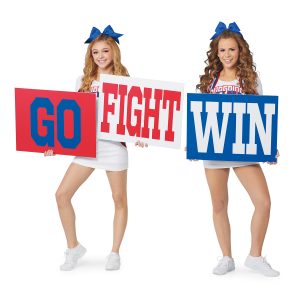 custom cheer flip-sign held by cheerleaders that reads "go", "fight", "win"