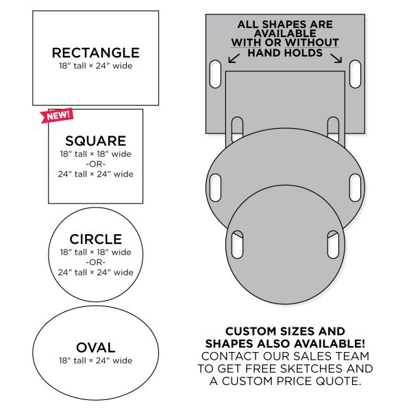custom cheer flip-sign size and shape options, for assistance contact our sales team