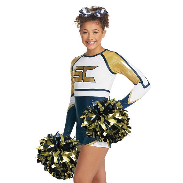 cheerleader holding two metallic gold and navy 6" Two-Color Metallic Show Pom Poms