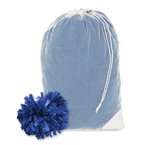 white Mesh Pom Bag filled with blue plastic pom poms