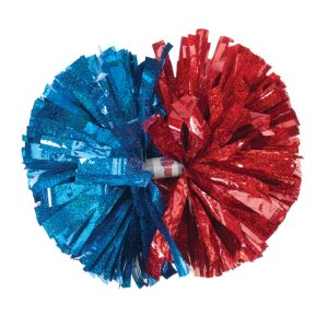 red and royal blue half and half metallic hologram cheerleading pom pom with baton style handle
