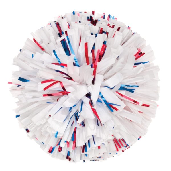 white custom plastic cheer pom with red and royal blue metallic accent