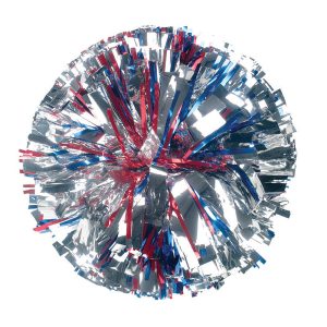 silver metallic custom cheer pom with red and blue accent
