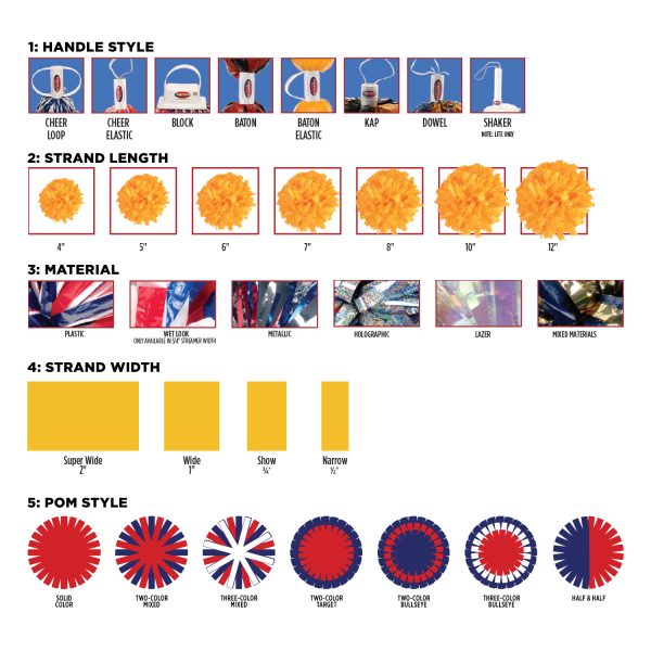 options available for handle style, strand length, material, strand width, and pom styles, for assistance contact our sales team