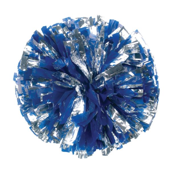 custom metallic and plastic cheerleading pom in royal blue and silver
