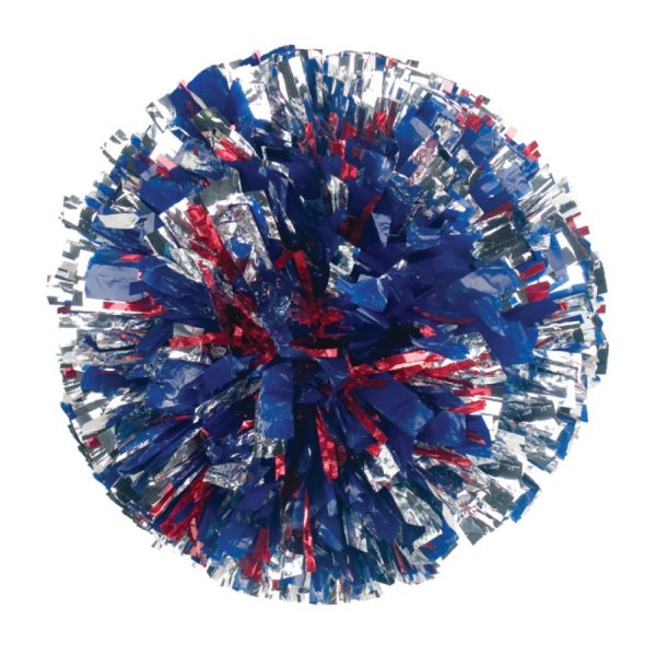 custom mixed metallic and holographic cheerleading pom in royal, red, and silver