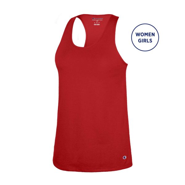 red Champion Essential Racerback Tank Top, front three-quarters view