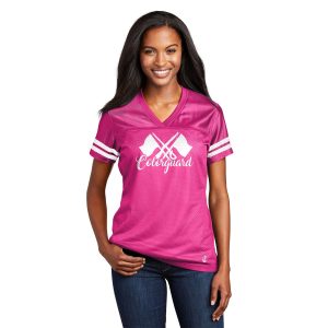 model wearing a decorated hot pink Champion Fan Jersey, front view